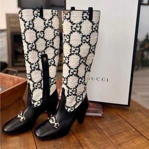 NWT GUCCI Zumi GG Monogram Tweed and Leather Knee-High Boots